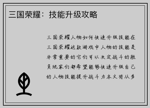 三国荣耀：技能升级攻略